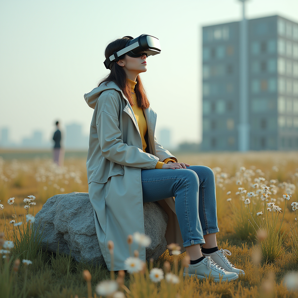 A woman wearing VR goggles sits on a rock in a field of flowers.