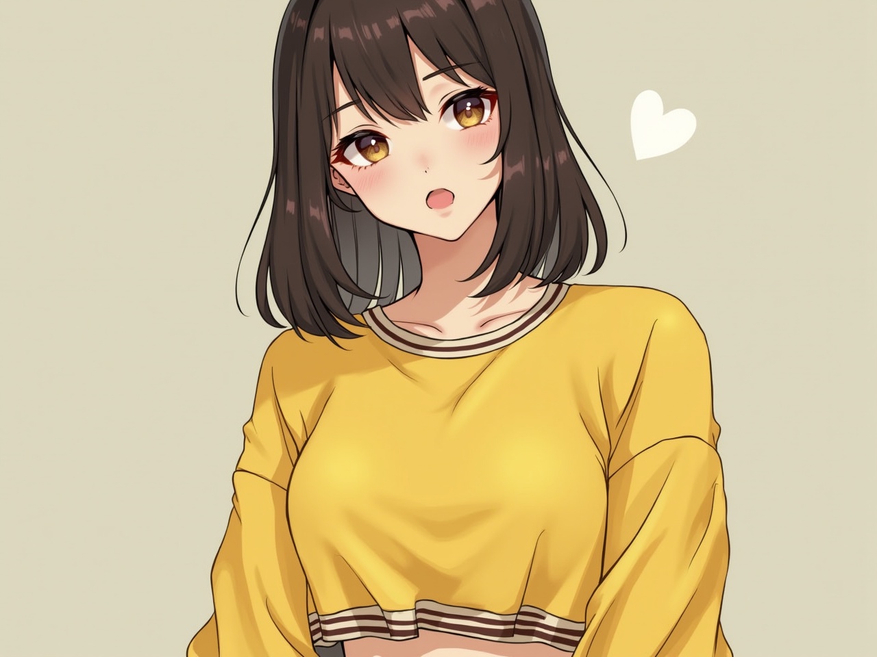 The image depicts a young girl with pale skin and a realistic appearance. She wears a yellow crop top featuring stripes and long sleeves, embodying a trendy athleisure style. Her hair is dark and falls softly around her shoulders. The background is a muted beige, allowing her outfit to stand out. She gazes at the viewer with a slight smile and an innocent expression, conveying a sense of youth and beauty.