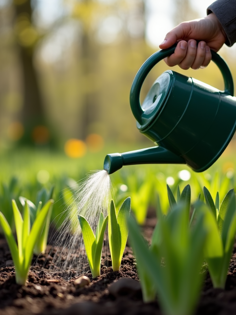 A close-up shot of a hand watering fresh green seedlings with a watering can.