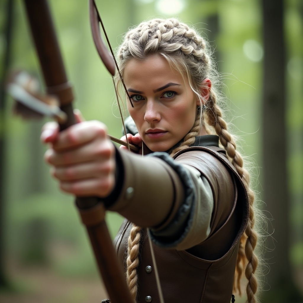 A fierce female warrior stands ready to shoot her bow in a light forest. She has braided blonde hair and is dressed in medieval-inspired light leather armor, which reveals her belly. The forest around her is vibrant, with dappled sunlight breaking through the leaves. In her hands, she holds a longbow, aiming carefully at an unseen target. The arrow is adorned with hawk feathers and a silver broadhead, showcasing her skill. Her determination is palpable as she grips the bowstring with precision, embodying strength and focus.