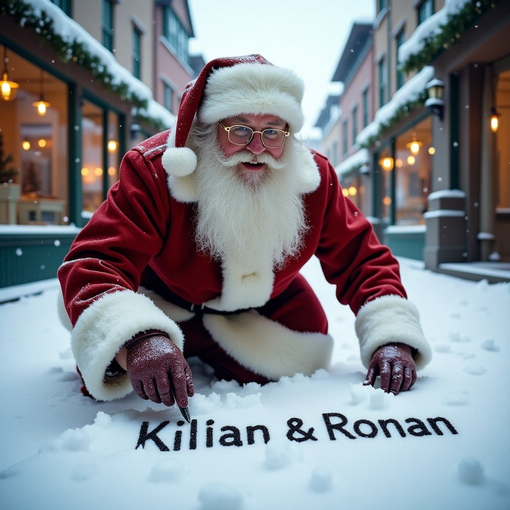 Santa Claus is writing names in the snow. He wears traditional clothing. The street is snowy with buildings. The scene has soft winter light. It conveys a cheerful holiday atmosphere.