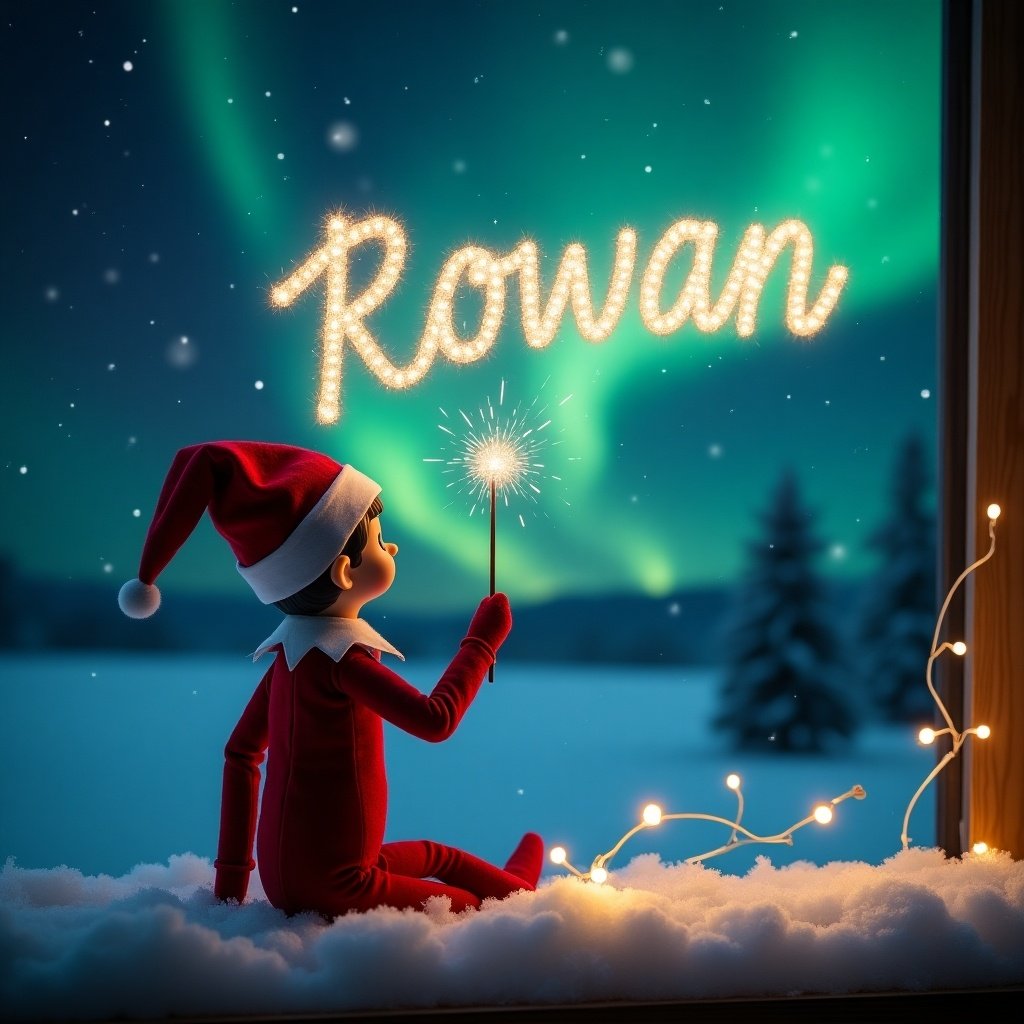 This image showcases an elf on the shelf positioned with its back to the viewer. Dressed in a traditional red outfit, the elf is facing up towards a beautiful dark sky filled with vibrant northern lights. With a magic wand in hand, it is elegantly writing the name Rowan in sparkling letters against the backdrop. The snowy ground adds a serene touch to the magical scene. The overall atmosphere is filled with wonder and holiday joy, perfect for capturing the essence of Christmas.