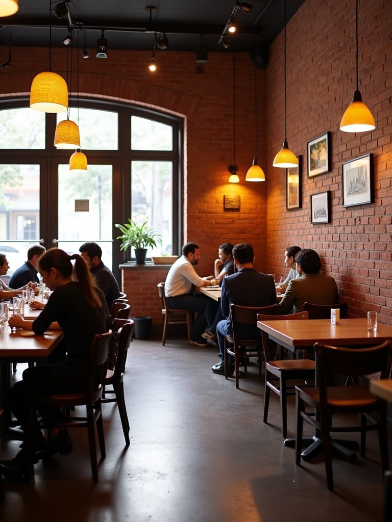 Cozy Indian sweets restaurant interior. Wooden tables and chairs create a relaxed environment. Brick walls in mehroon tones are softened by ambient lighting. Diners are engaged in lively conversations. Large windows provide natural light. Various artworks decorate the walls, adding charm.