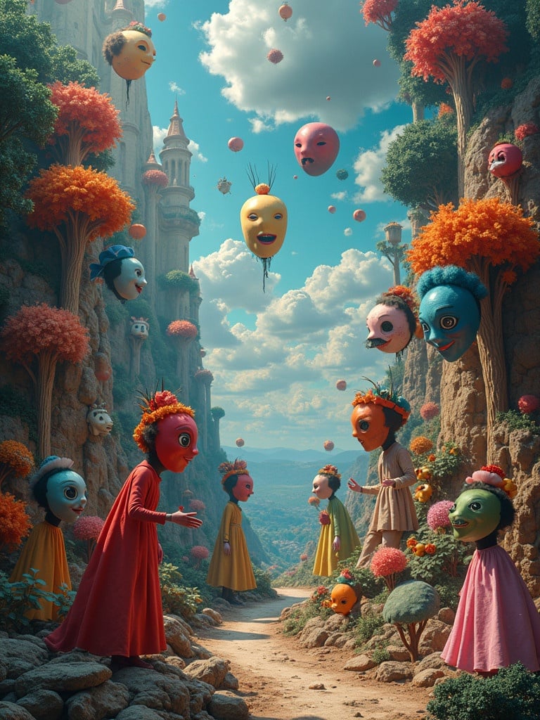 A surreal art scenery inspired by Commedia dell'Arte. Colorful figures engage in a whimsical setting. Vivid landscapes with floating objects and vibrant trees. Exaggerated facial features. Digital artwork that showcases high detail and creativity.