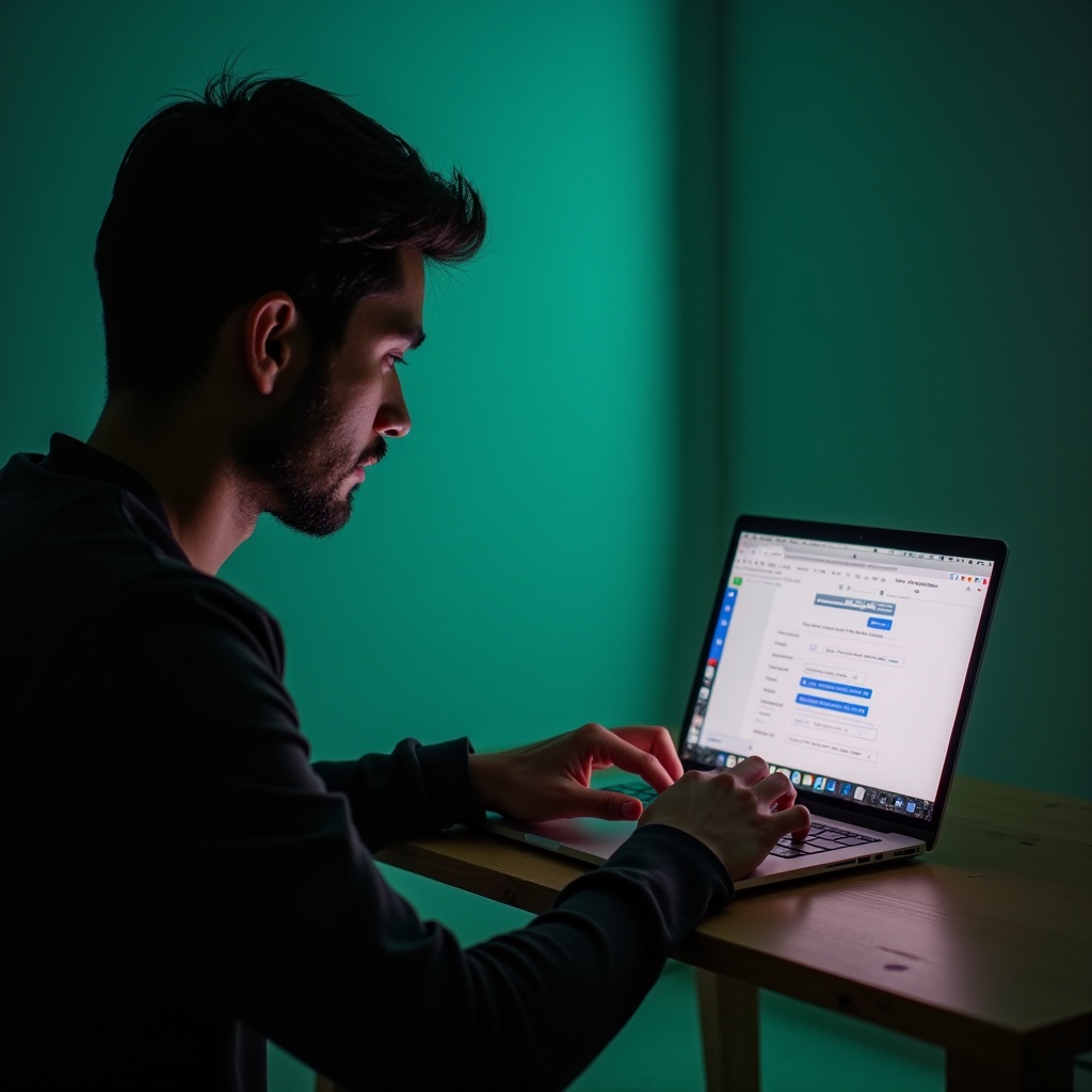 Person sits at wooden table focused on glowing laptop screen with teal-lit background creating serene mood.