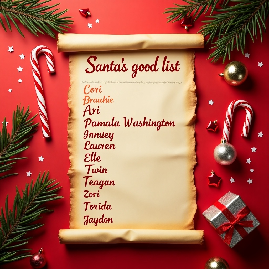 Parchment scroll displays Santa's good list, vibrant red background. Decorative elements include candy canes, pine branches, shiny Christmas ornaments. Scroll shows aged appearance with burned edges. Names include Ari, Pamela Washington, Ansley, Lauren, Elle, Twin, Teagan, Zori, Jaydon, Toria. Additional shiny baubles and small gift box reflect festive atmosphere.