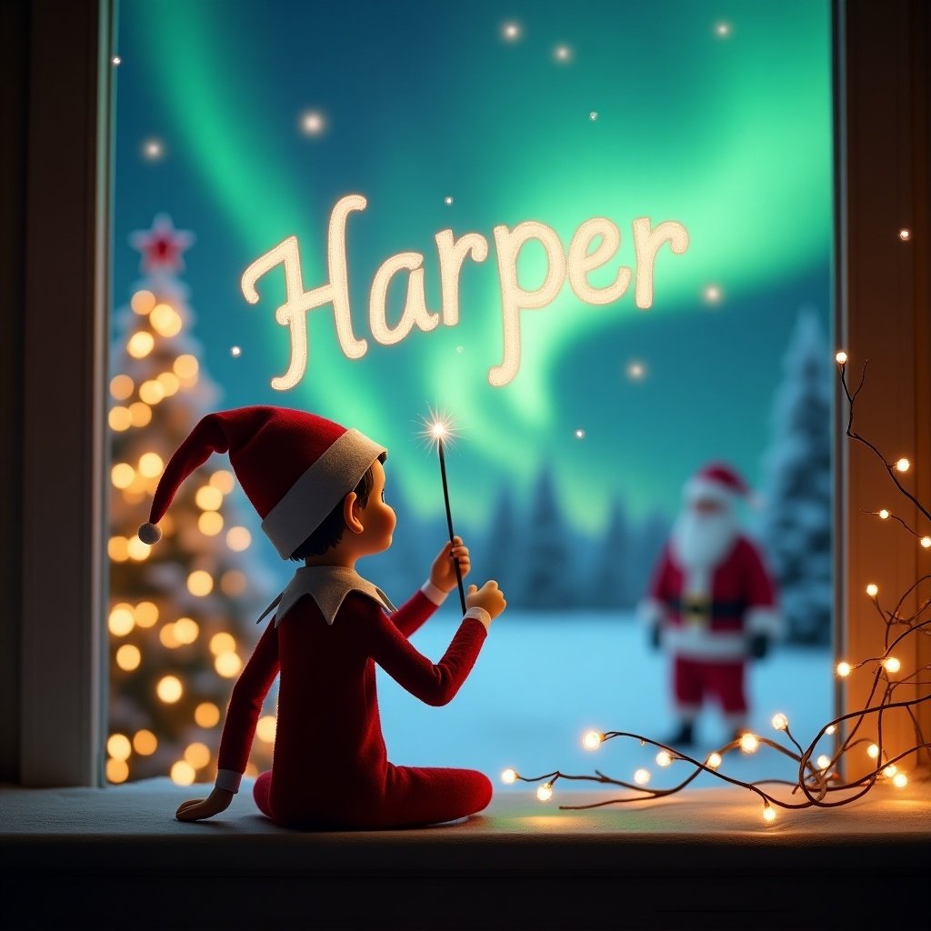 An enchanting scene captures an elf on the shelf facing the sky. The elf uses a wand to write the name 'Harper' in the air. Background features a beautiful Christmas setting with twinkling lights and a festive tree. Santa Claus is showcased in the distance. The northern lights illuminate the sky.