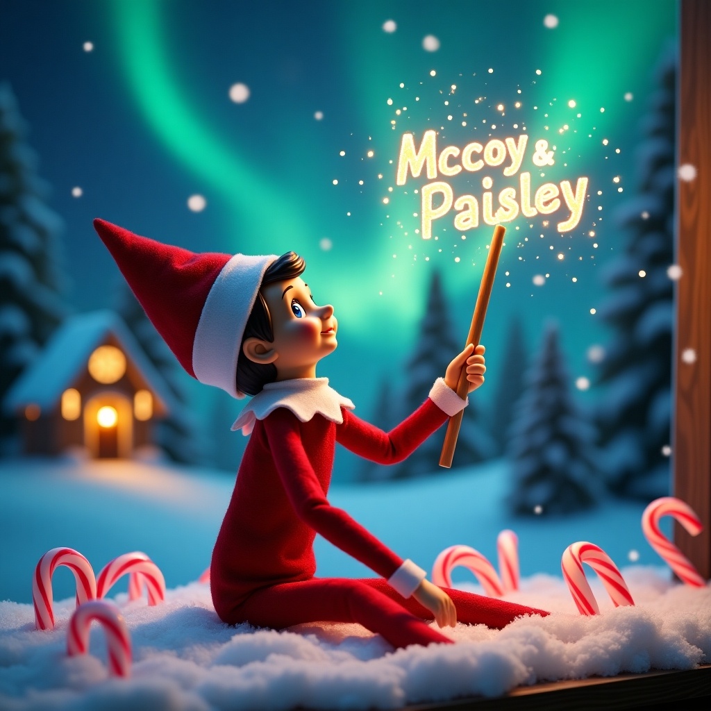 An elf on the shelf sits with its back to the viewer, looking up at the beautiful northern lights above. It holds a glowing wand that creates sparkles in the air. In the background, a charming house glimmers with Christmas lights. The ground is covered in soft, white snow, and pink and blue candy canes are scattered around the elf. The names 'McCoy & Paisley' sparkle in the air, enhancing the festive atmosphere. The scene embodies the magic and wonder of the Christmas season.