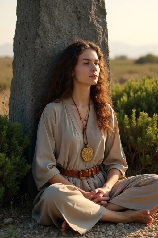 Young woman sits cross-legged against a tall menhir. Long curly hair frames her serene face. She wears a simple religious robe and a leather belt. A golden medallion hangs around her neck. The scene features dense shrubs, a stony ground with sparse wild herbs, and is illuminated by the soft evening light of spring.