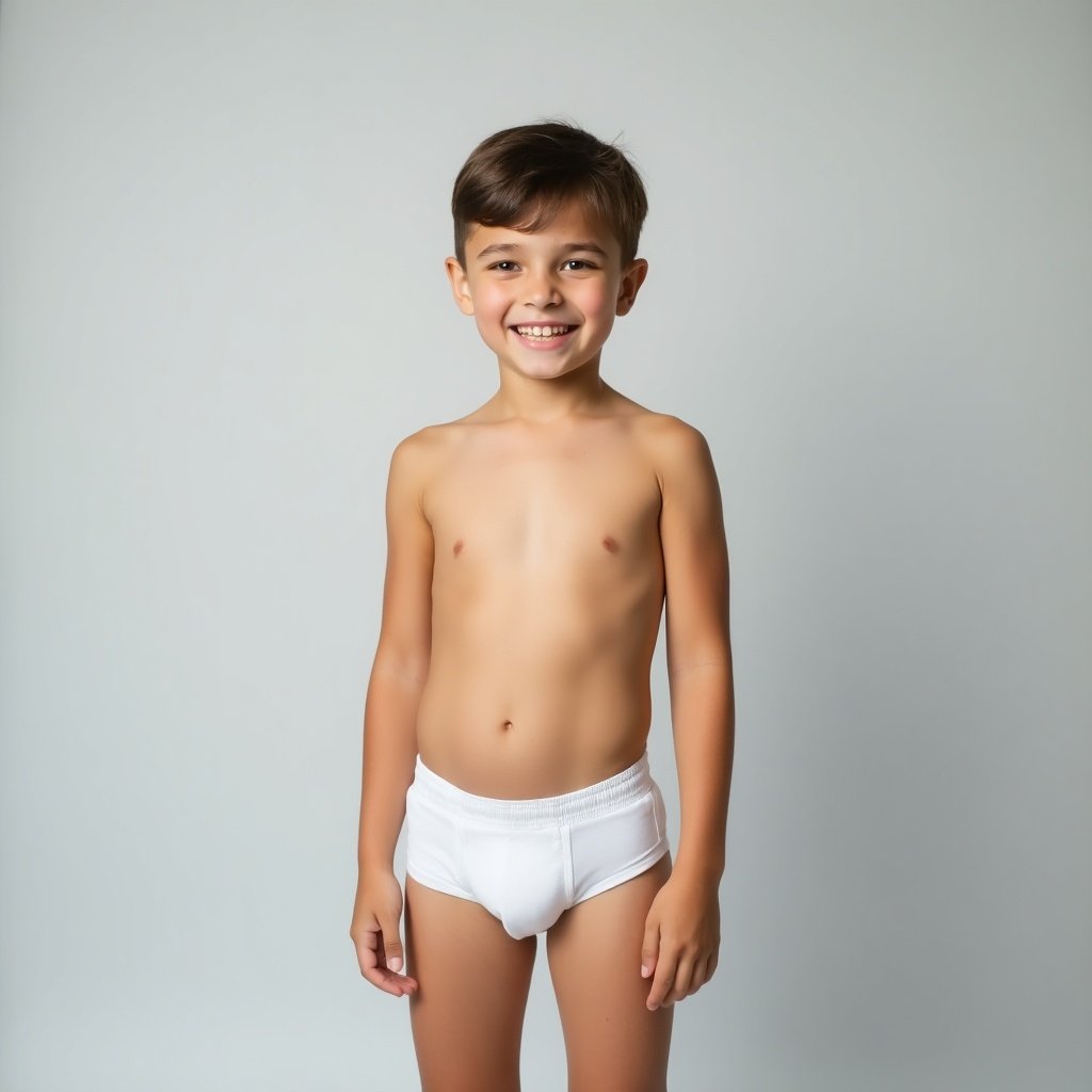 Image features young boy standing against light gray background. He wears white underwear and has a natural smile. Soft lighting creates calm atmosphere. Confident and relaxed pose showcases playfulness and innocence. Style is minimalistic with focus on subject.