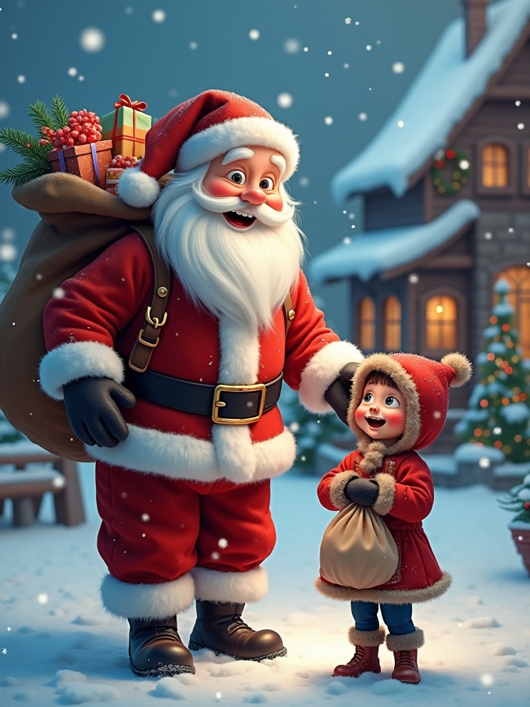 A magical Christmas scene with Santa Claus wearing a red suit. Santa has a big sack filled with presents. He stands beside a happy child wearing a red coat. Snow falls gently around them. A cozy house with Christmas lights is in the background.