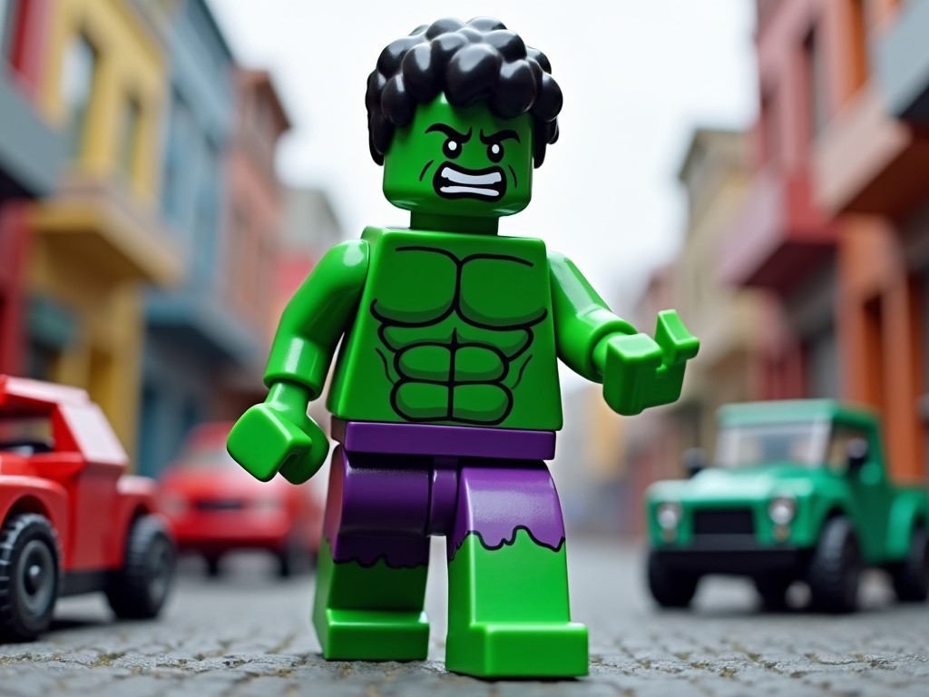 LEGO Superhero Figure in Urban Toy Cityscape Flux AI Image