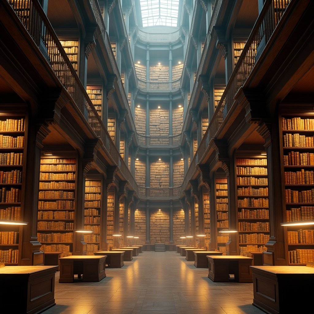 Expansive library inspired by the Library of Babel. Towering shelves filled with old books. Soft, warm lights illuminate wooden tables. Serene and inviting atmosphere. Architectural design emphasizes symmetry and grandeur.