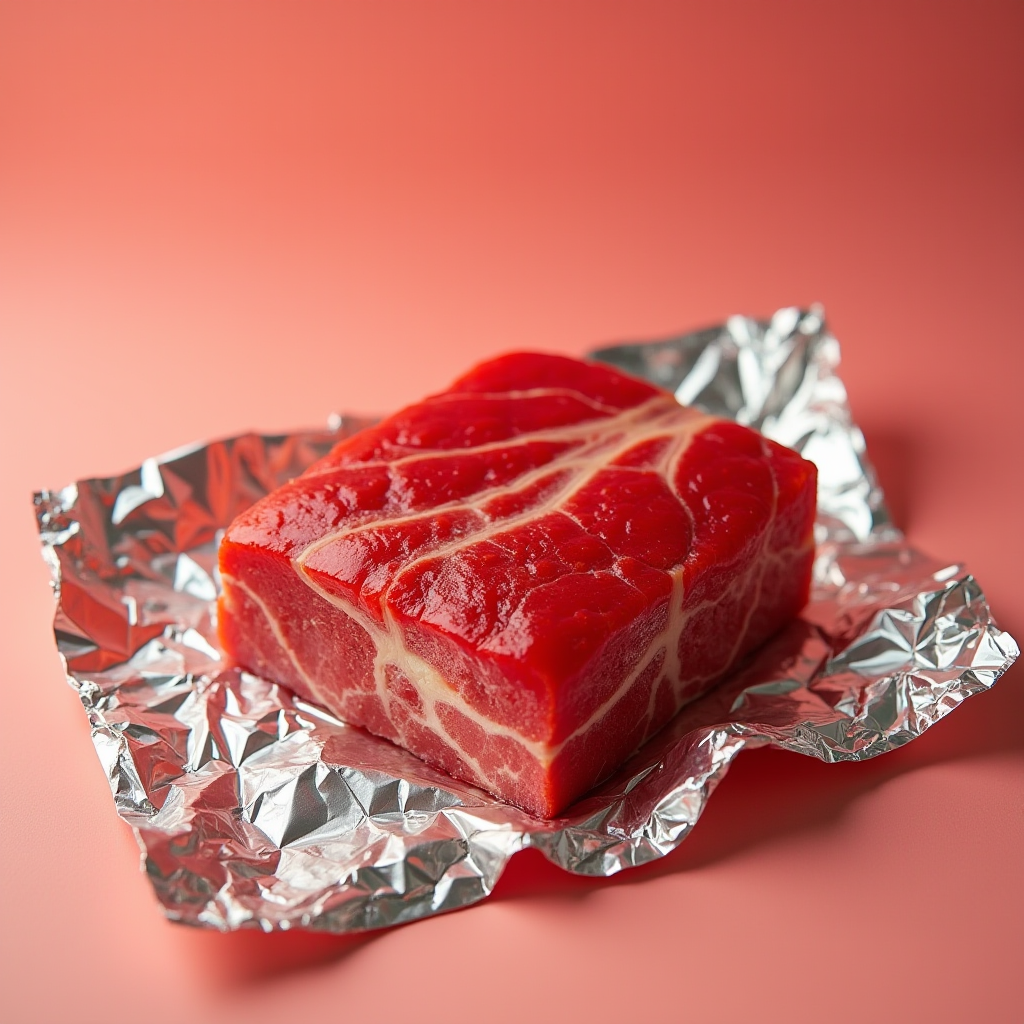 A piece of red gummy candy resembling meat is artfully placed on crumpled silver foil against a muted red background.