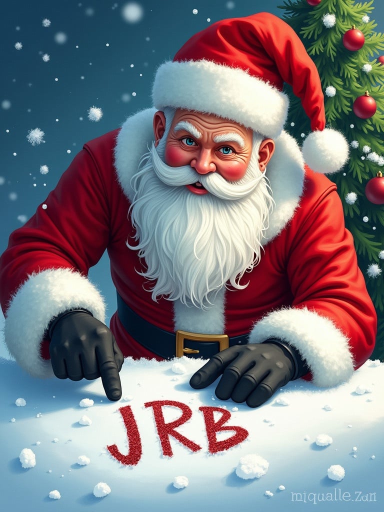 Illustration of Santa Claus wearing red suit and white beard writing in snow. Christmas tree in background. Winter wonderland setting. Hands in gloves.