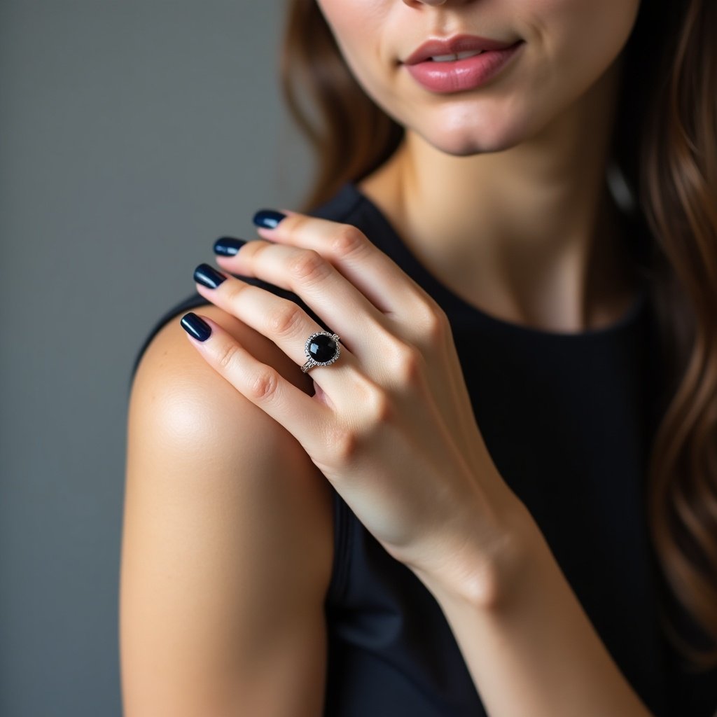 Close-up image of a woman's hand showcasing a dark blue nail polish. Elegant ring with dark gemstone against grey backdrop.