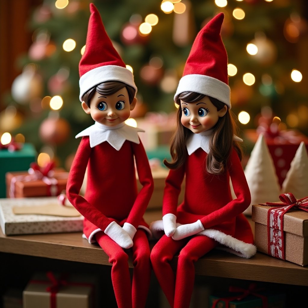 Elf figurines dressed in red outfits with Santa hats sitting together on a table in a decorated North Pole workshop with Christmas lights and ornaments in the background. Cozy and festive ambiance.