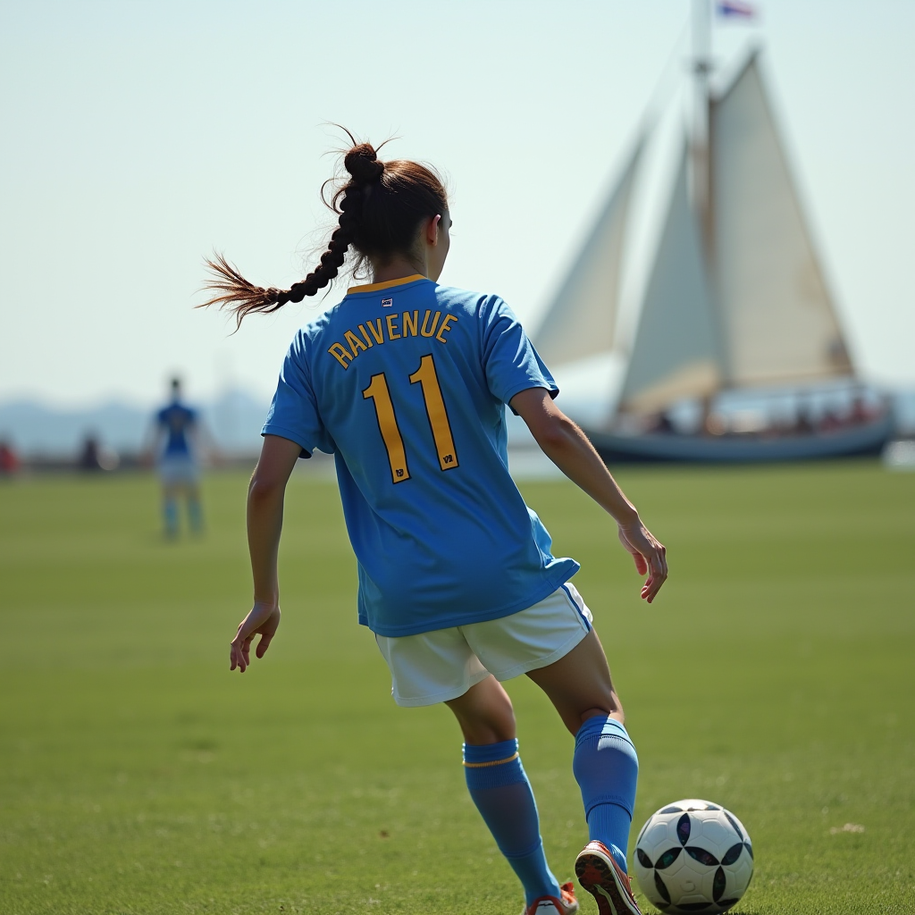 A soccer player in a blue jersey prepares to kick a ball with a sailboat visible in the background.