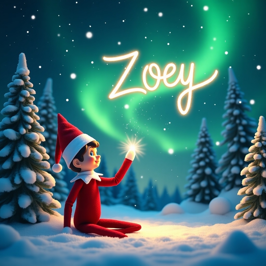 An enchanting winter scene unfolds with a playful elf on the shelf character sitting in the snow. The elf is joyfully writing the name 'Zoey' in the sky using a magical light. Above, the vibrant northern lights paint the sky in shades of green, creating a captivating backdrop. Surrounding the elf are snow-covered pine trees, adding to the festive atmosphere and charm of the scene. This delightful image captures the magic of Christmas and highlights the joy of childhood imagination.