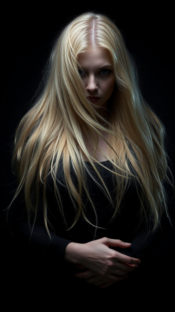 A woman with long blonde hair stands in a dark setting, looking intently at the camera.