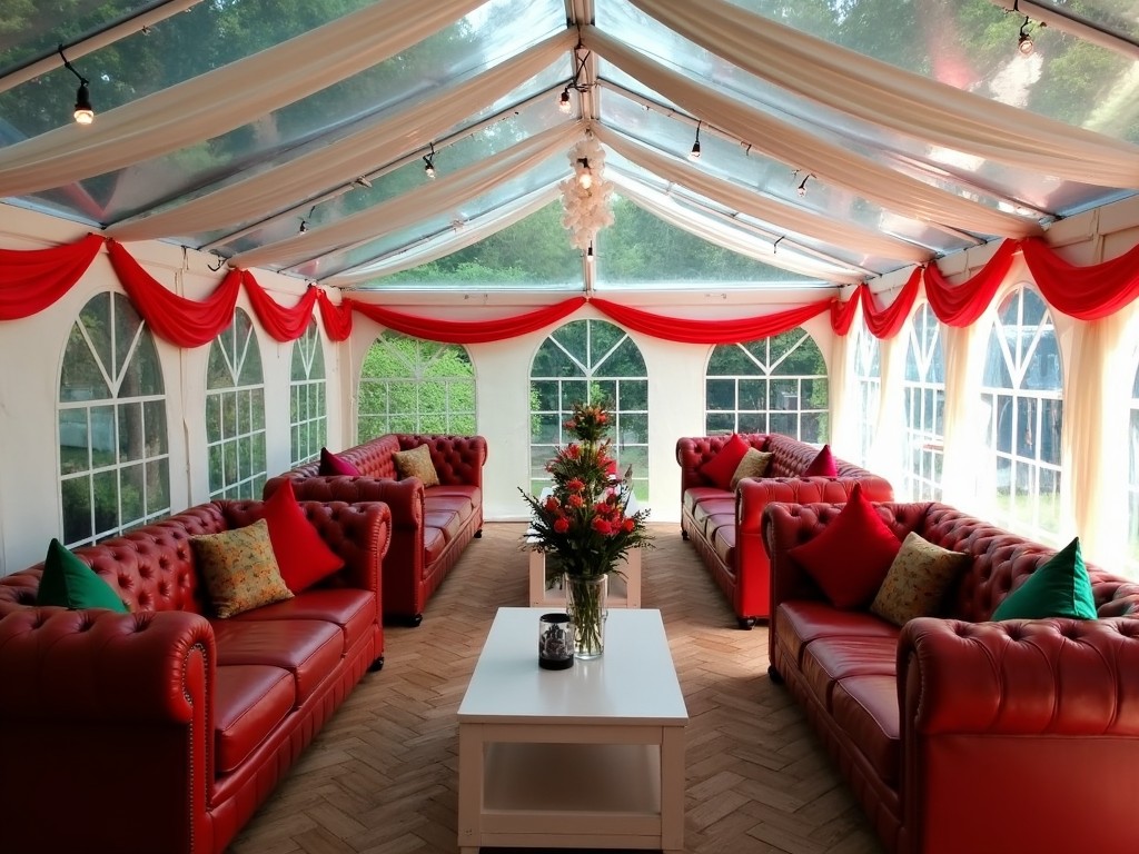 The image shows an elegantly decorated tent interior designed for events. Inside, there are several red sofas adorned with colorful cushions, set in a cozy arrangement. A central white coffee table holds a floral centerpiece that adds color and vibrancy. The tent features large windows allowing natural light to flood in. Draped fabric in red accents the tent, creating an inviting atmosphere for gatherings.