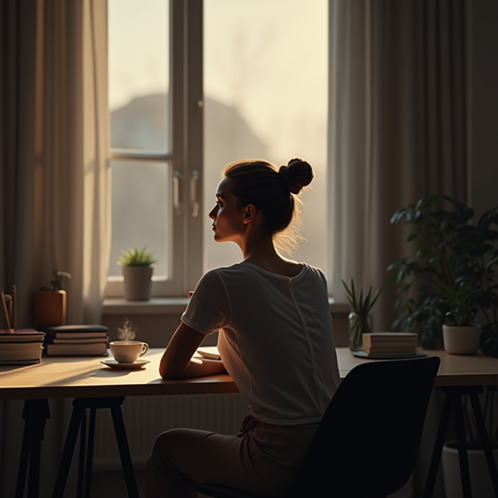 A woman sits at a desk by the window, illuminated by warm sunset light with steaming coffee and houseplants nearby.