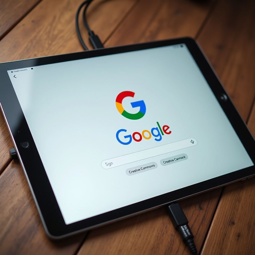 A tablet displaying the Google search page on a wooden table.