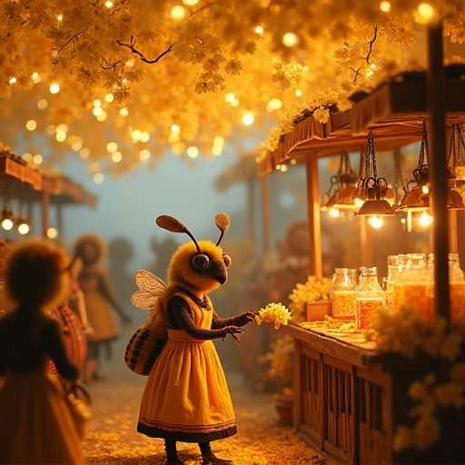 A hyperrealistic beehive marketplace with anthropomorphic bees in Victorian attire. Bees trade honeycombs and nectar elixirs. The scene has a canopy of luminescent flowers. Soft glow from fireflies illuminates intricate stalls made of wax and silk.