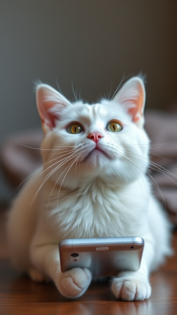 A fluffy white cat poses cutely with a smartphone in its paws.