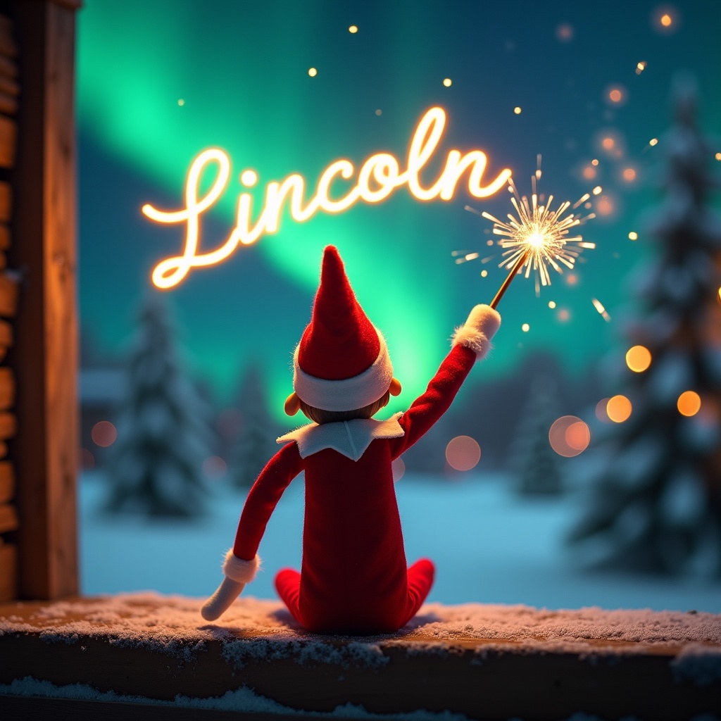 An enchanting Christmas scene features an elf on the shelf, dressed in red and white, facing the sky with his back to the viewer. The elf wields a magic wand, writing 'Lincoln' in glowing script above. The backdrop showcases vibrant northern lights, adding a magical ambiance. The scene portrays the spirit of Christmas with a whimsical twist. The elf's action creates a sense of wonder and excitement, embodying the joy of the holiday season.