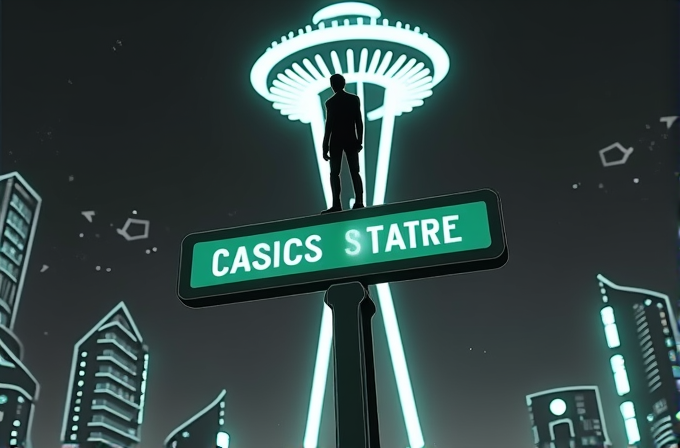 A silhouette of a person stands on a street sign in a futuristic city with glowing architecture.