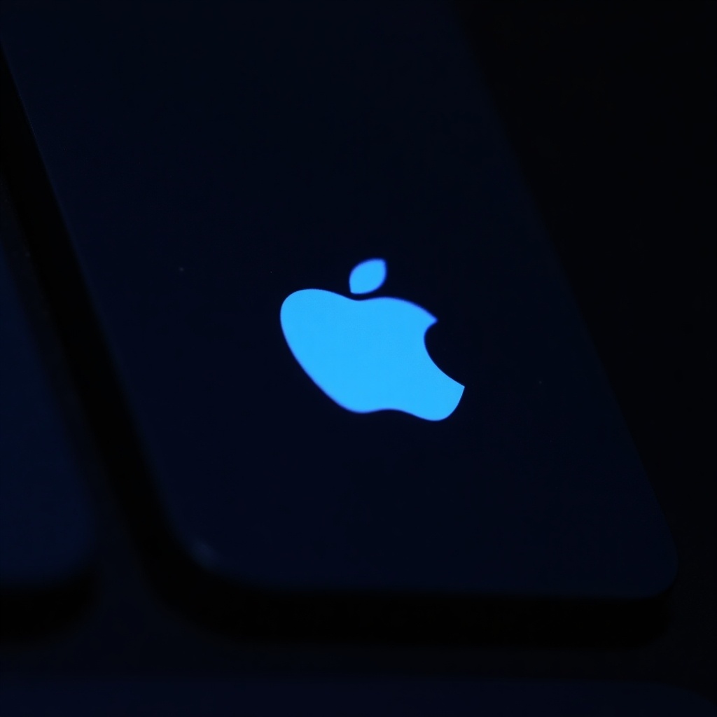 This image features a close-up of a glowing blue Apple icon set against a dark keyboard backdrop. The light from the logo creates a striking contrast with the surrounding darkness. The focus is on the intricate design of the logo, illuminating its features. The low-light setting emphasizes the mystique and innovation associated with technology. This visual captures the essence of modern gadgets and their sleek aesthetics.