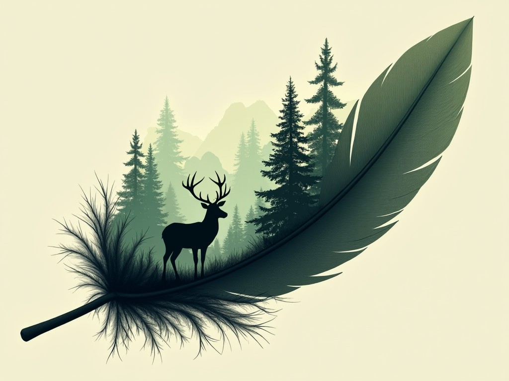 A nature-inspired digital illustration featuring the silhouette of a deer standing amidst a forest, creatively overlaid on a feather.