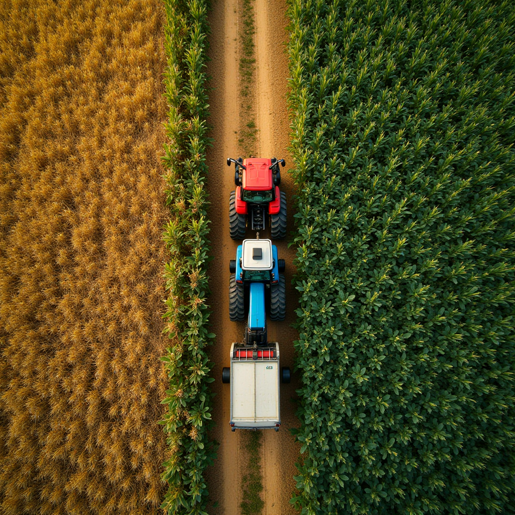 Aerial view of a red and blue tractor traveling on a dirt path flanked by golden crops on one side and lush green crops on the other.