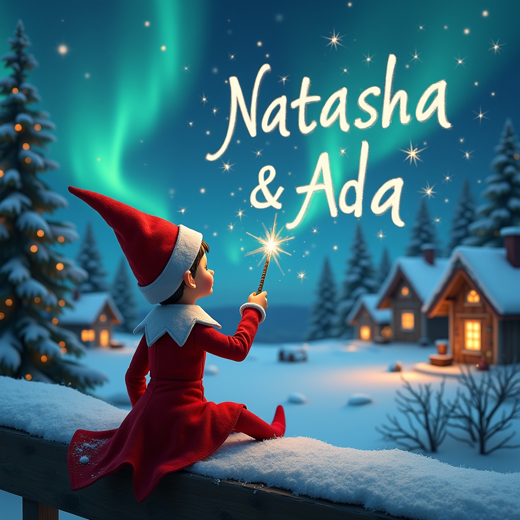 An elf sits on a wooden ledge with its back to the camera, gazing at a magical sky. The elf, dressed in a red outfit with a pointed hat, holds a sparkling wand. With the wand, the elf elegantly writes the names 'Natasha' and 'Ada' in the starry sky. The background features a snowy landscape with charming little houses and evergreen trees under the shimmering Northern Lights. This whimsical scene captures the essence of childhood magic and Christmas cheer.