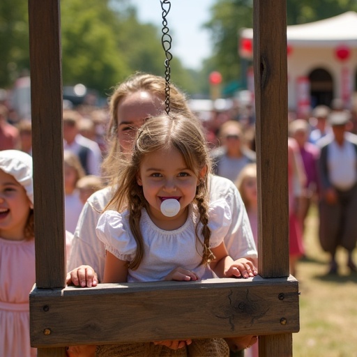 Mother playfully locks daughter in a medieval pillory. Daughter wears an oversized pacifier. Scene set in a historical festival. Bright atmosphere with costumes. Many people in the background. Wooden stocks hold the child's head and hands securely.