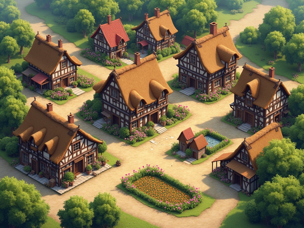 Isometric view of a picturesque medieval town. Town center has charming two-story half-timbered houses with thatched roofs. Ground floors are bustling with artisan shops. Outward buildings are workshops of blacksmiths and carpenters. The periphery has farms surrounded by lush fields. Season is spring with colorful flowers. Town blends into natural surroundings with meadows and forests.