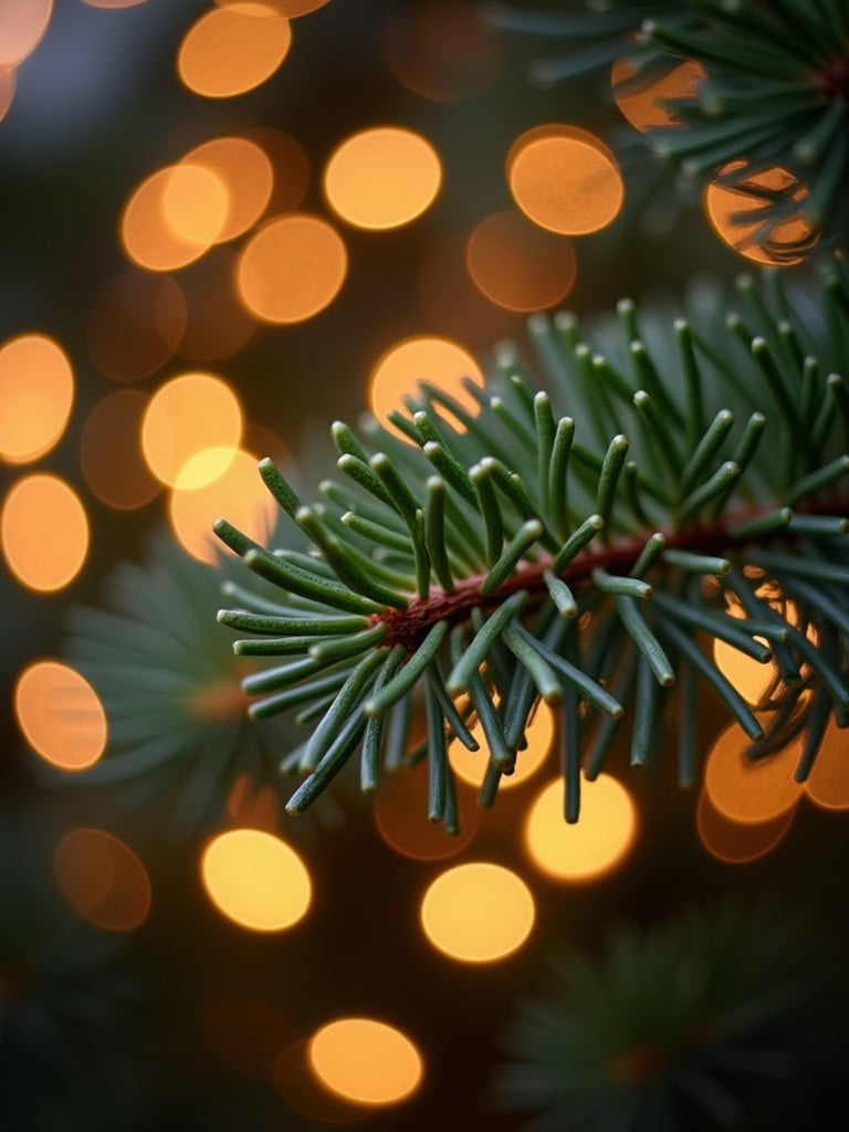 A close-up view of a pine branch. Branch is adorned with soft yellow lights. Warm bokeh creates a glowing backdrop. Details of needles and natural texture are clear.