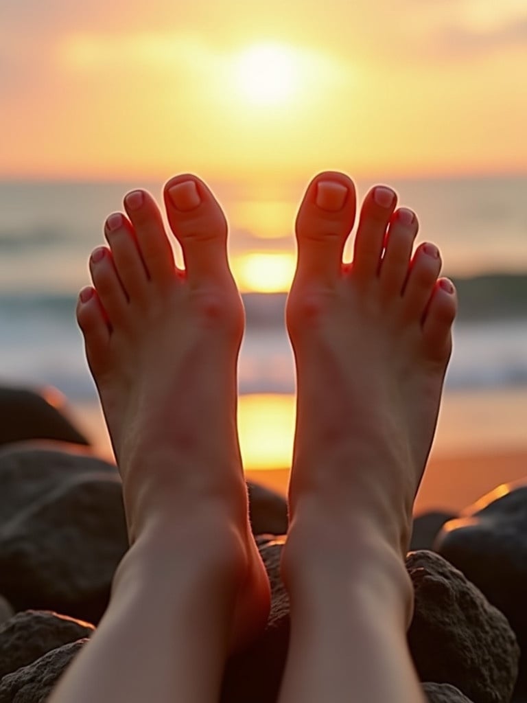 Beautiful soles of the feet in sunlight. The setting features rocks and a sunset. Feet are relaxed on the rocks near the water. Soft waves lap in the background. Warm sunlight glows around the feet.