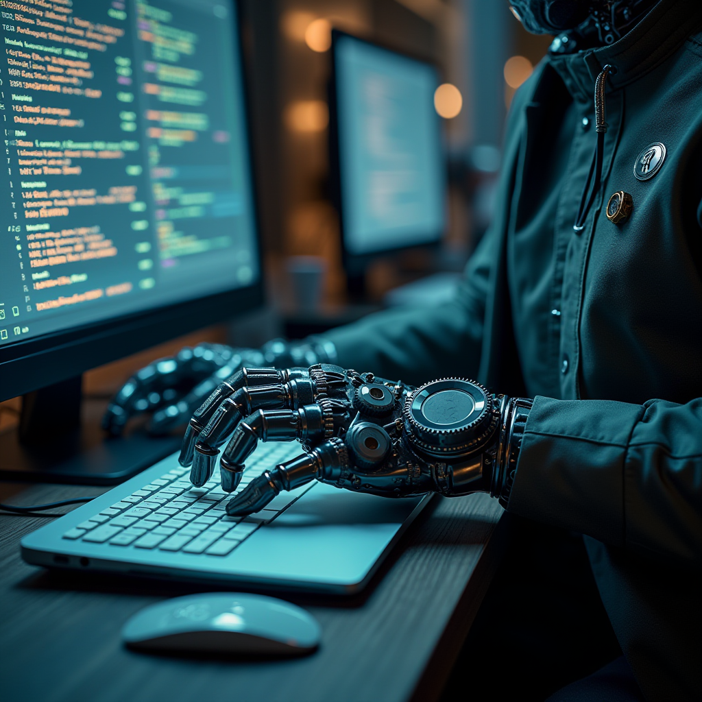 A robot with mechanical hands and a sleek, futuristic design is typing code on a computer keyboard in a dimly lit room.