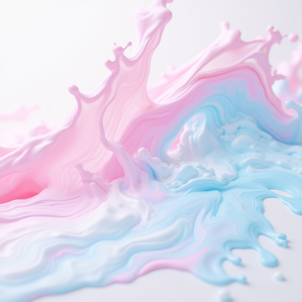 A vibrant splash of pastel pink and blue paints creating intricate swirls and textures on a white background.