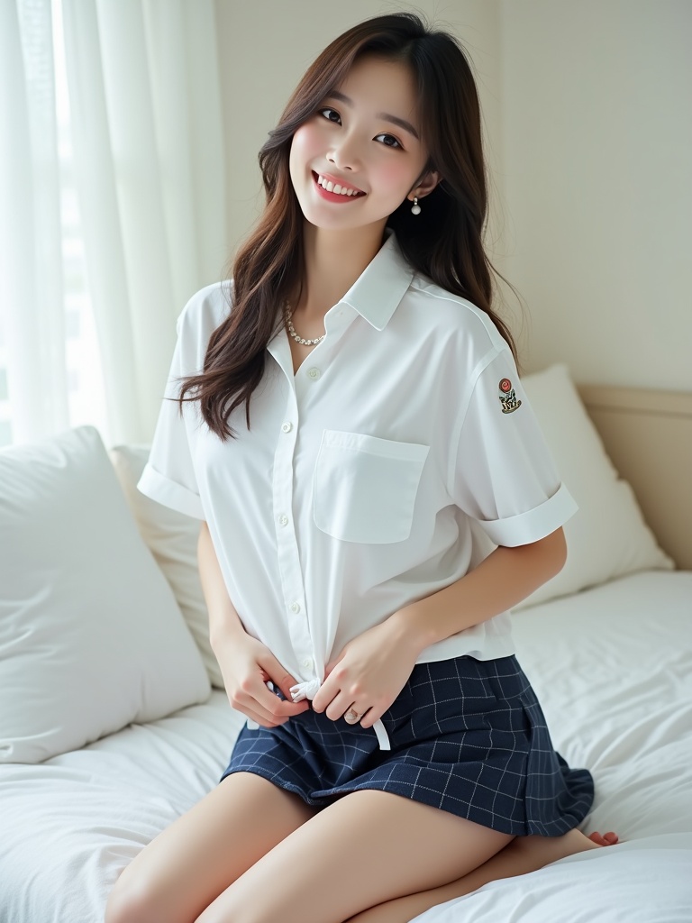 A young woman sits comfortably on a bed, dressed in a casual white shirt and a checkered navy skirt. She is smiling warmly at the camera, creating a sense of ease and happiness. The room is softly lit by natural light filtering through sheer curtains, giving the photograph a calm and serene atmosphere.