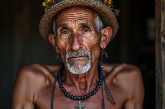 An elderly man wearing a hat with flowers and a necklace with a cross stares intently, with a thoughtful expression.