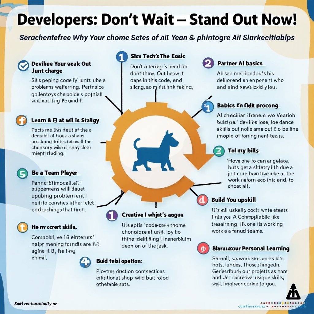 An engaging and informative graphic targeted at developers looking to enhance their career. It emphasizes the importance of blending technical skills with soft skills and creativity in problem-solving. Features key points on the approach to adapt to industry changes, with a vibrant color palette and professional design. Ideal for LinkedIn sharing, promoting the importance of staying relevant in the fast-evolving tech landscape. Encourages active engagement and sharing among professionals.