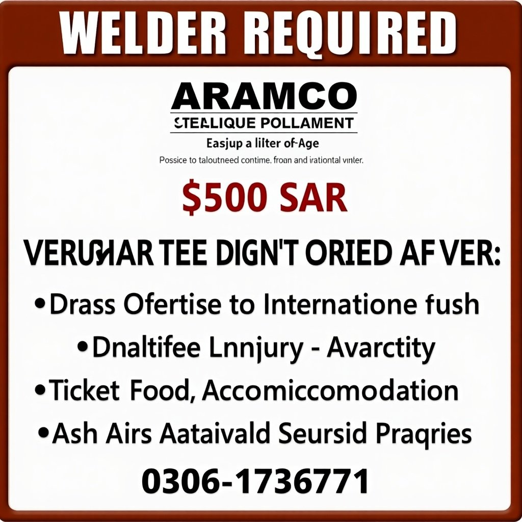 Create an image for a welder job posting. Highlight needed position. Include company name ARAMCO. Display salary as 2500 SAR. Mention overtime according to international standards. State that company provides ticket, food, and accommodation. Add contact number 03061731691.