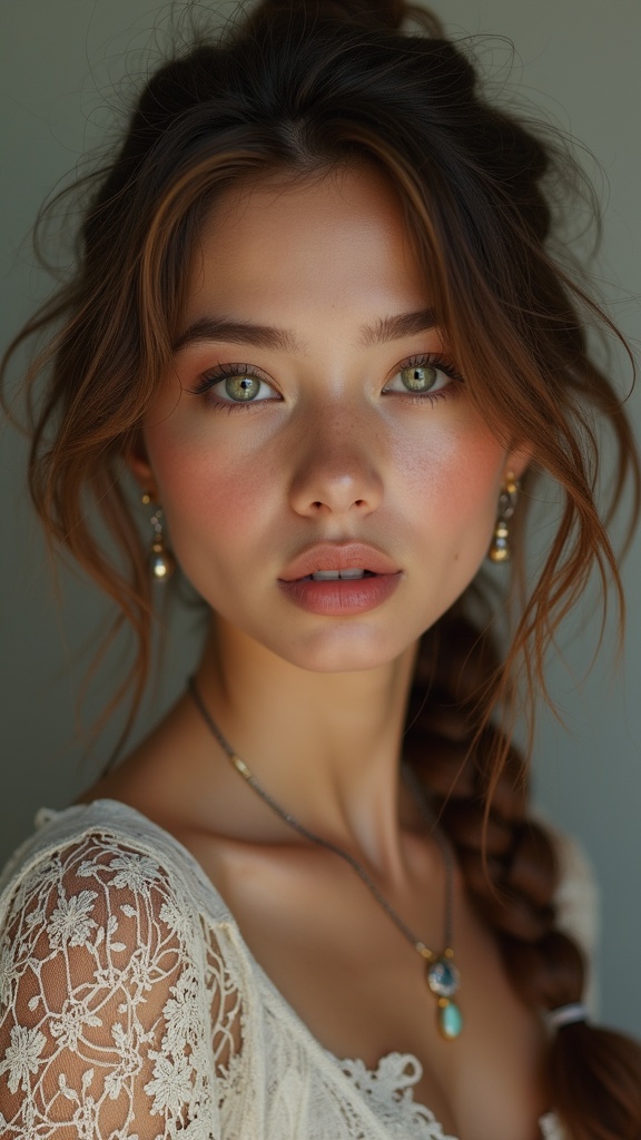 A portrait of a young woman with striking green eyes and delicate features, framed by loose curls of brunette hair. She wears a lace garment, which adds a vintage touch, and her expression is serene and contemplative, enhanced by soft makeup and understated jewelry. The lighting softly highlights her face, creating a dreamy and ethereal atmosphere.