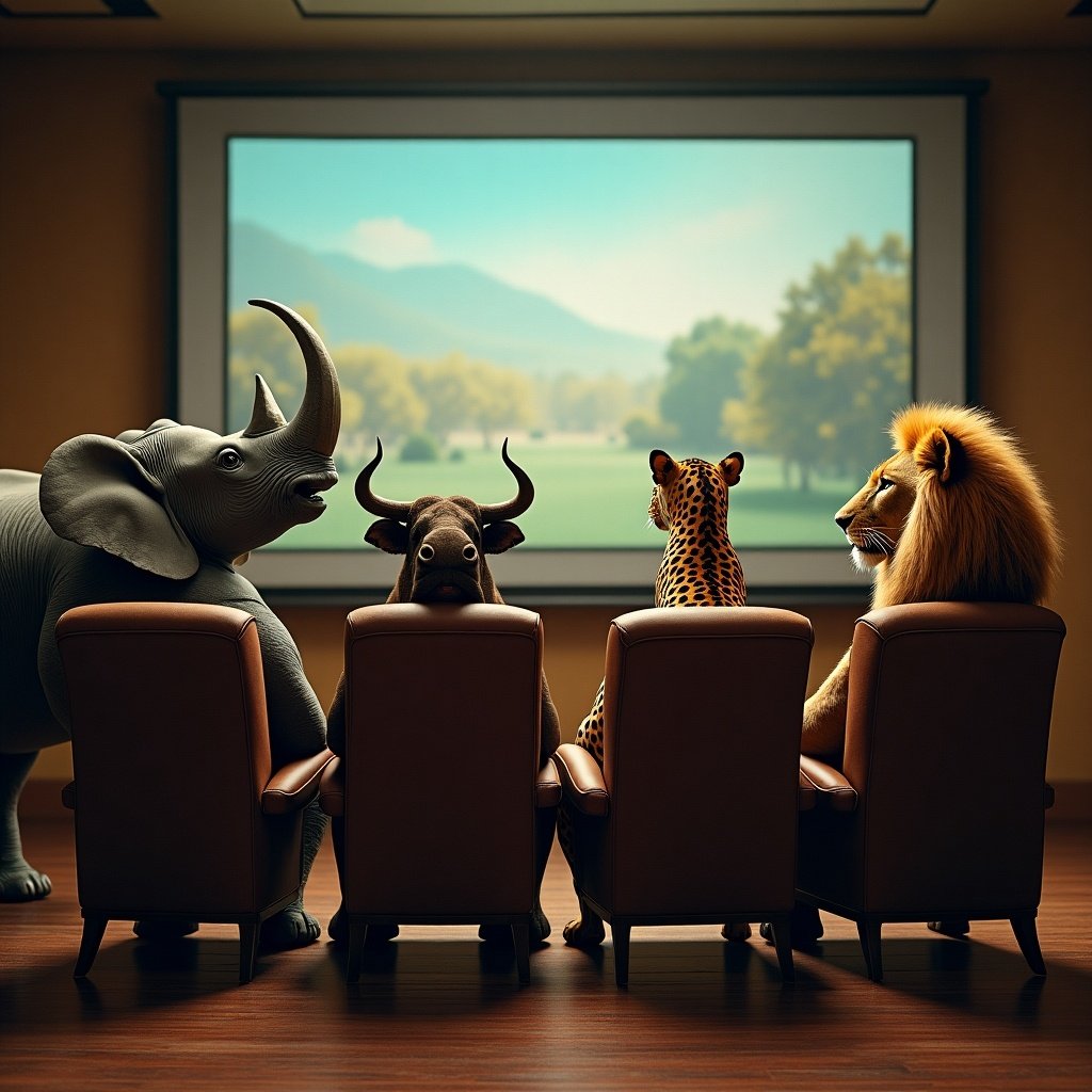 An elephant, a rhino, a buffalo, a leopard, and a lion are seated in chairs watching a TV. They appear engaged with the screen. The setting is an indoor room with a large projection screen in front of them.