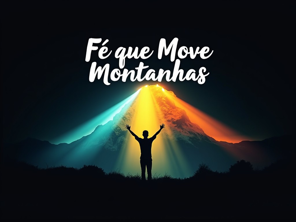 A silhouette of a person raising their arms under a mountain, illuminated by beams of colorful light, with the text 'Fé que Move Montanhas'.