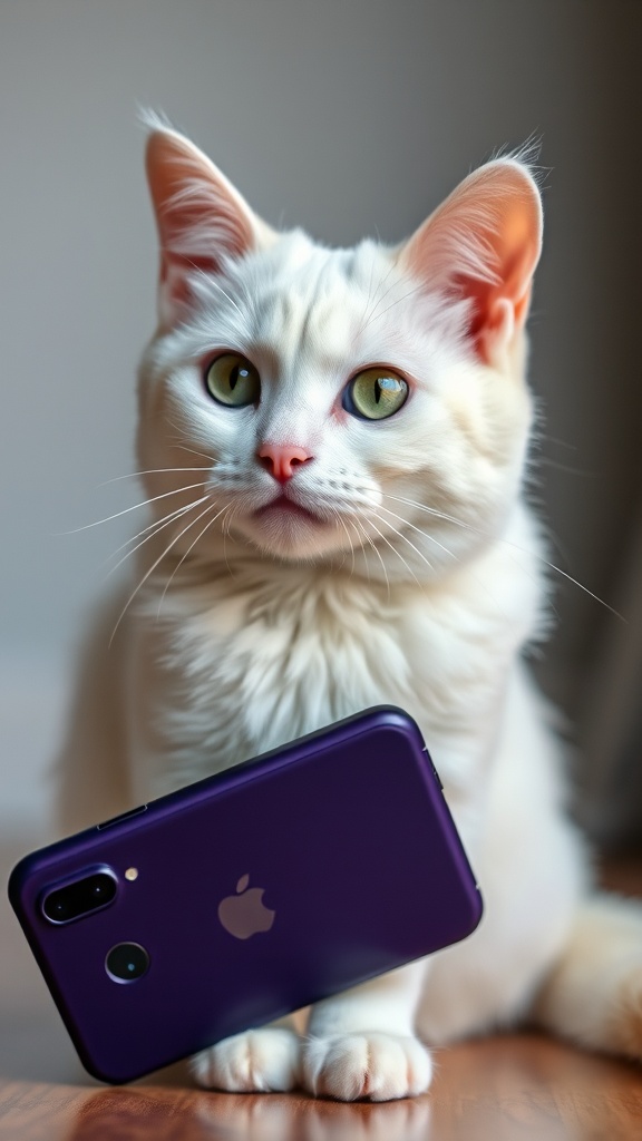 A white cat holding a purple smartphone, seemingly taking a selfie.