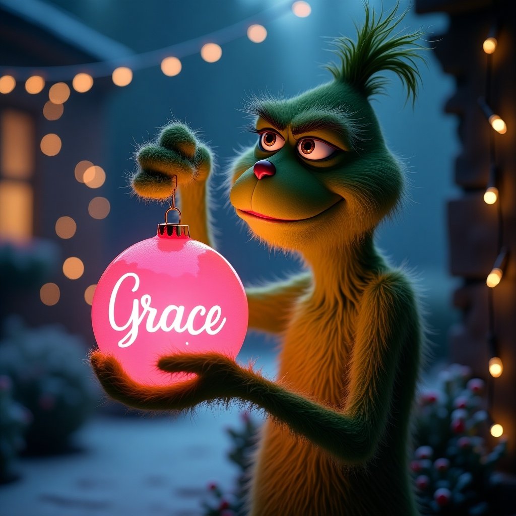 A night garden scene with the Grinch holding a glowing pink Christmas ornament. The ornament displays the name Grace in an elegant script. Twinkling Christmas lights create a magical setting.